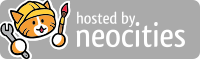 A logo that says 'hosted by neocities'. It includes the neocities logo, a ginger cat in a hard hat holding a spanner and a paintbrush.